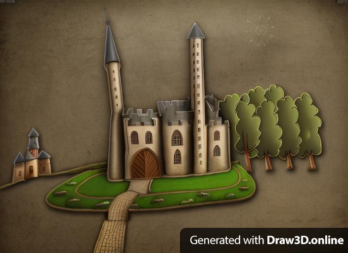 A medieval castle with a forest to the right and a medieval house to the left