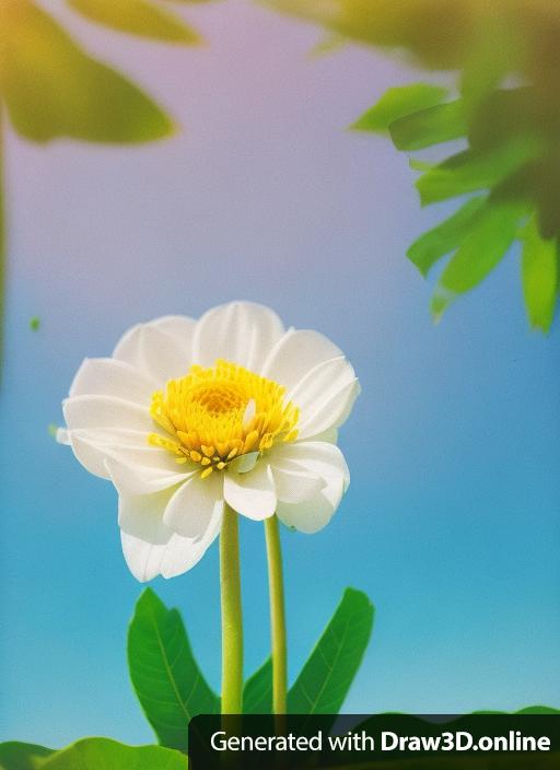 A flower planted in the ground, clear blue sky and a bright sun.