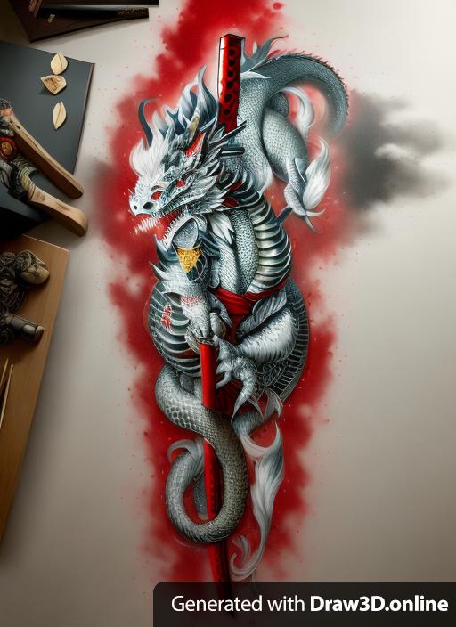 a Japanese dragon wrapping around a katana Japanese sword for a tattoo same layout as original drawing