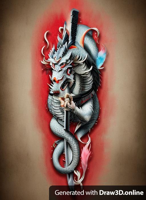a Japanese dragon wrapping around a katana Japanese sword for a tattoo exactly same layout as original drawing