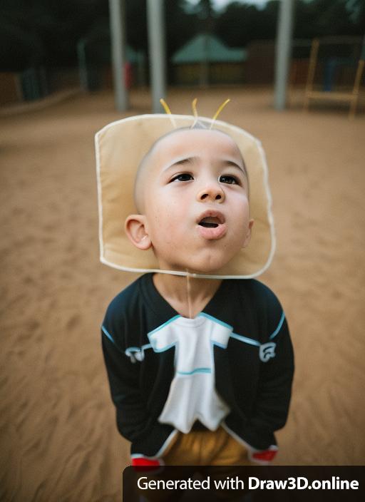 a portrait of a very ugly male child with a very square disproportionally big head and uneven eyes in the playground