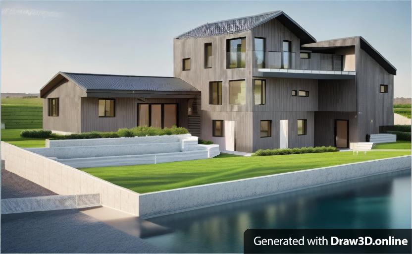 A 3D rendering of a modern house. The house consists of two main sections: a single-story structure on the left and a larger, two-story structure on the right.
*Single-story section (on the left):
This section has a modern, dark grey gabled roof with clean, angular lines.
The exterior walls are clad in dark wood paneling, giving it a sleek and contemporary appearance.
The front of this section features large, floor-to-ceiling windows, including a wide sliding glass door that opens onto a stone-paved terrace.
*Two-story section (on the right):
This section also features a dark grey gabled roof, adding symmetry and cohesiveness to the overall design of the house.
The ground floor has a light beige or cream-colored facade, which contrasts with the darker upper level. The walls appear smooth and possibly stuccoed.
The ground floor has a lighter facade, possibly in a light beige or cream color, and includes several windows and doors. There is a prominent main entrance door, possibly made of dark wood or painted in a dark color to match the roof and upper-level siding.
The second floor is clad in the same dark wood paneling as the single-story section, providing a unified aesthetic across the entire house.
The second floor features large windows that offer extensive views and natural light into the rooms.
Extending from the second floor is a spacious veranda or balcony. The balcony on the second floor has a metal or glass railing and extends out from the wall with visible support beams underneath, giving it a floating, modern look. Under the veranda, the facade of the ground floor is smooth, with no visible support structures, maintaining a sleek and uninterrupted surface.
