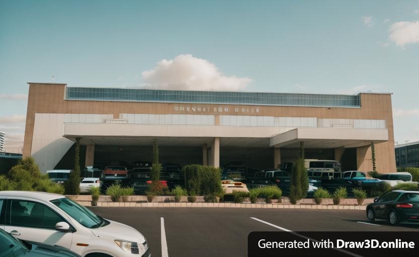 a large building with cars parked in front of it