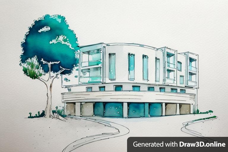 watercolors drawing of an architecture building, a large tree, in the vector style, simple design, with colorful brush strokes, and color paint splashes, in the clip art style, with white space around the drawing