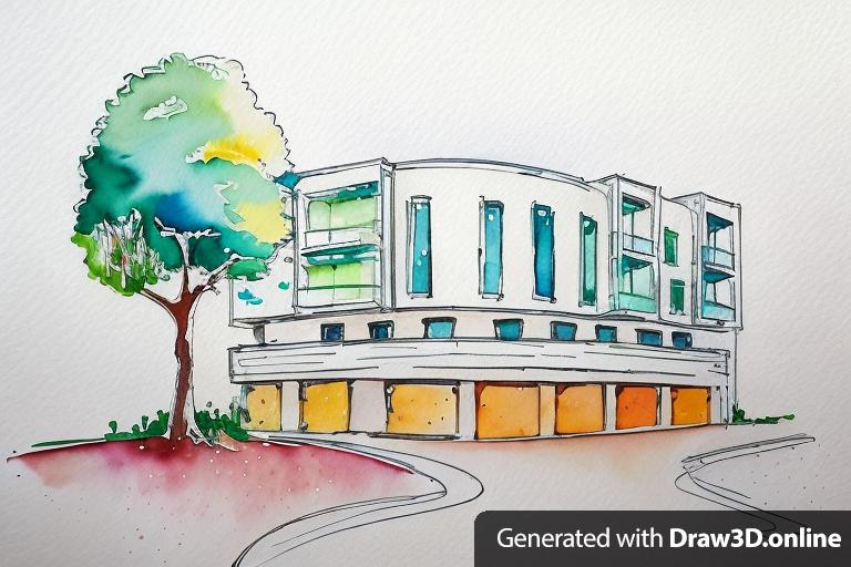 watercolors drawing of an architecture building, a large tree, in the vector style, simple design, with colorful brush strokes, and color paint splashes, in the clip art style, with white space around the drawing