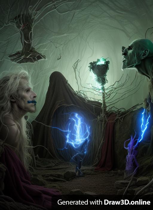 Derv the Wizard descendants on the regenerating remains of Collin, whose body is rebuilding itself with necrotic magic. Fantasy art. Dark horror