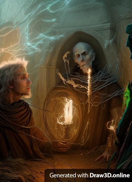 Derv the Wizard descendants on the regenerating remains of Collin, whose body is rebuilding itself with necrotic magic. Fantasy art