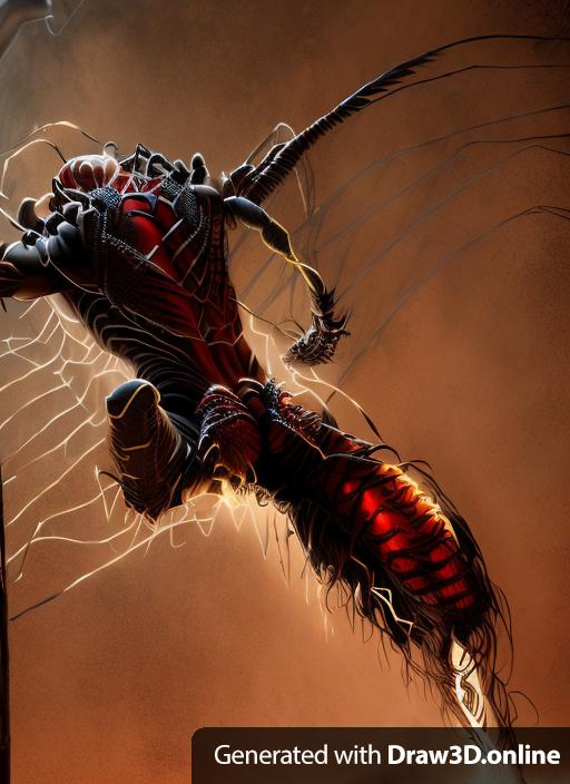 Mans back transformation into a spider scorpion god with tail of eyes fantasy art, long rib arms stretch out. Fantasy art