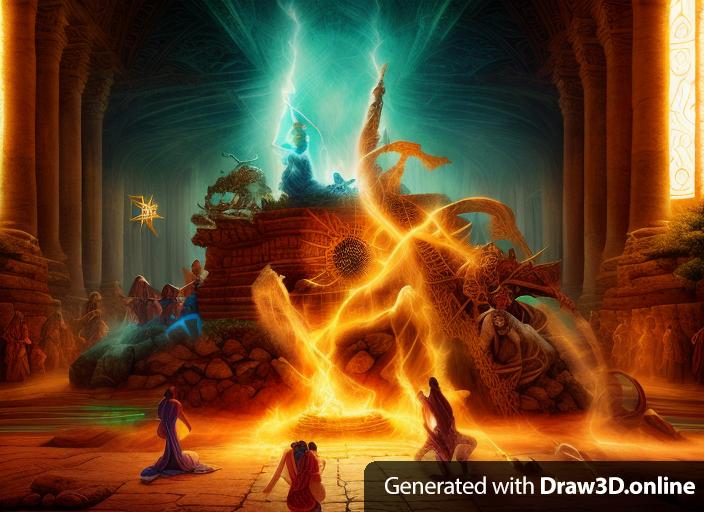 Gods ancient elements draws worshippers. Fantasy art medieval tapestry style