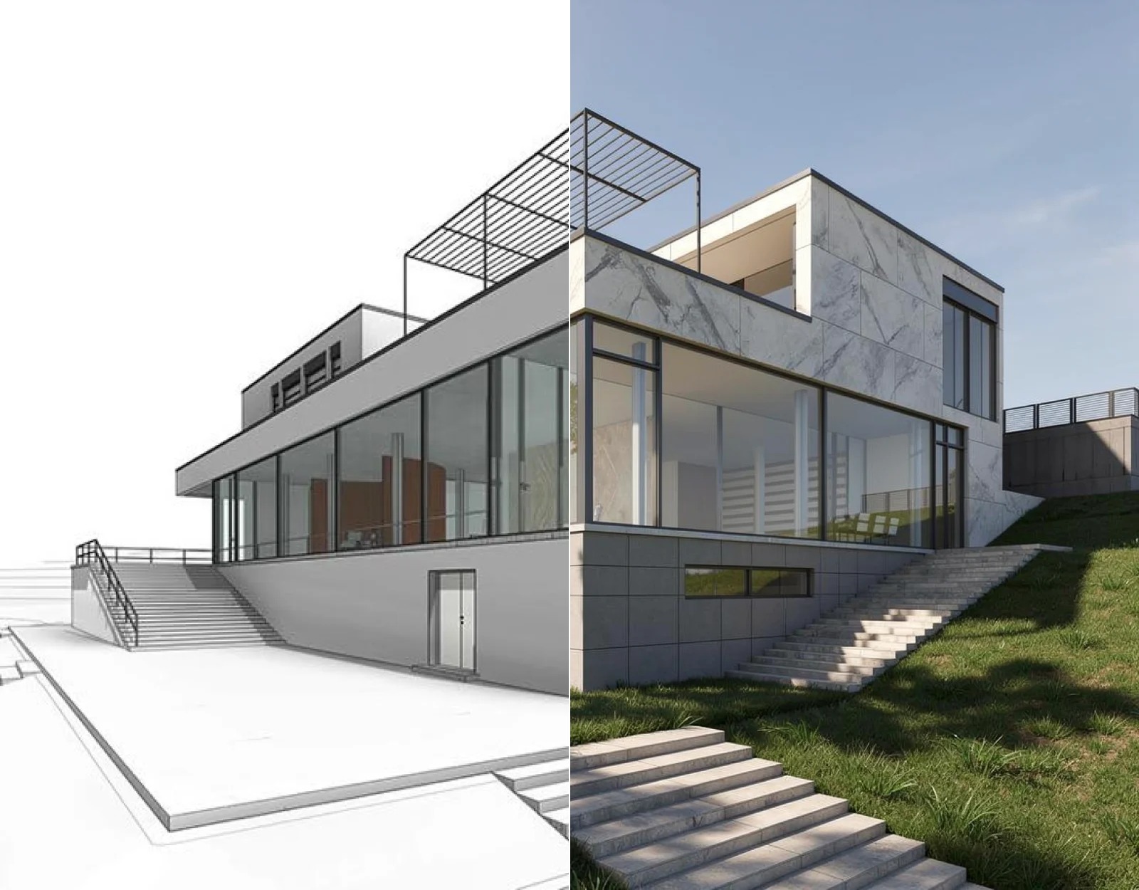 Rerender AI architectural clay blockout to photoreal render comparison