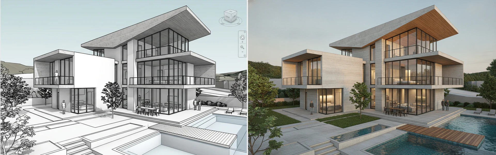 Side-by-side comparison of Revit 3D BIM model and matching photorealistic AI architectural render