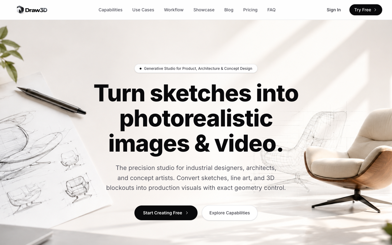 Draw3D sketch to photorealistic render workspace