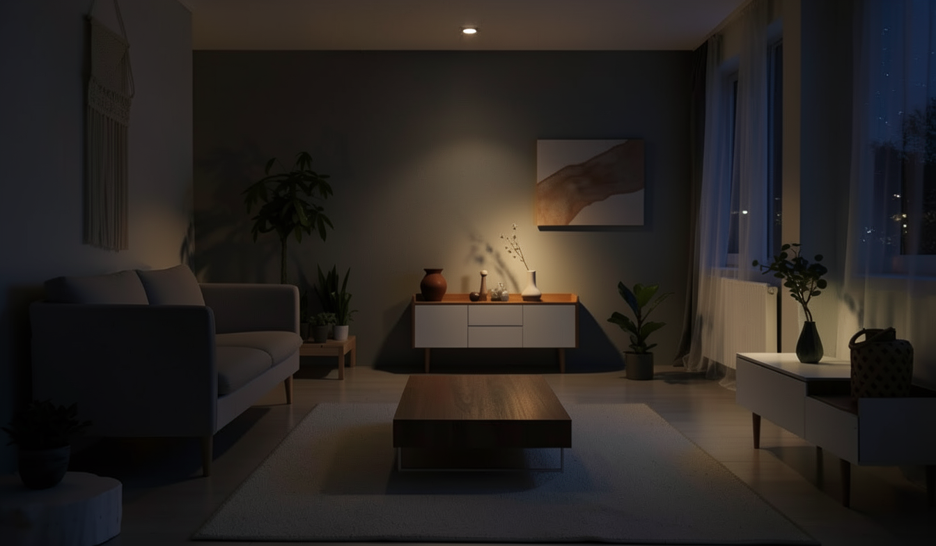 Interior scene transformed into a night mood using AI lighting edits in Draw3D