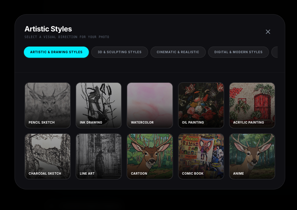 Different image restyling styles available in Draw3D