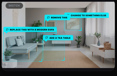 Annotated room image in Draw3D with multiple selected areas for interior changes